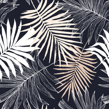 Exotic foliage in silhouette and outline shapes seamless pattern