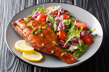 Healthy food fried red perch fish with fresh vegetable salad close-up in a plate on the table. horizontal