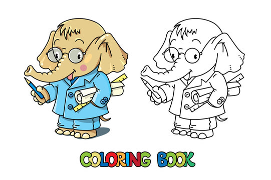Elephant engineer ABC coloring book. Alphabet E