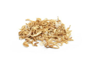 Dried Minced Onions on a White Background. Onion flakes isolated on white background.