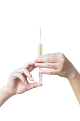 The hand holding the syringe for the isolate