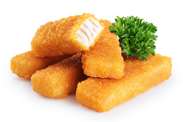 Fish fingers sticks with parsley isolated on white background.