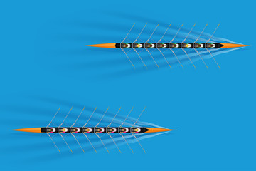 Race of Eight rowers with mixed paddlers on water surface. Women and men inside boats in moving. Top view of Equipment for waters sport rowing. Vector Illustration