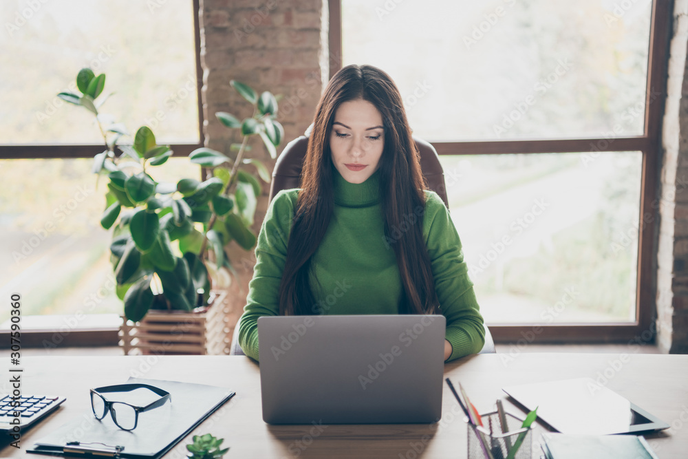 Wall mural Photo of amazing brunette business lady resourceful person looking seriously notebook on table modern user sitting boss chair wear green turtleneck in modern interior office