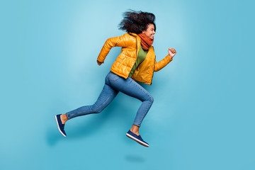 Full length profile photo of beautiful dark skin lady jumping high running sale shopping rushing...