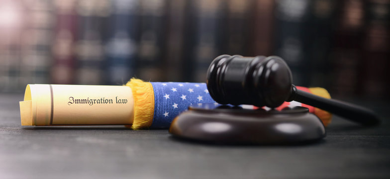 Immigration Law wrapped in a USA flag, Imigration Regulation concept and Judge Gavel.