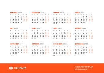 Calendar for 2020 year. Week starts on Monday. Printable vector stationery design template