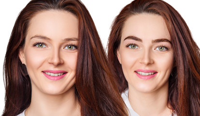 Brunette woman smiling before and after eyebrows correction.