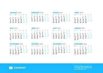 Calendar for 2021 year. Week starts on Monday. Printable vector stationery design template