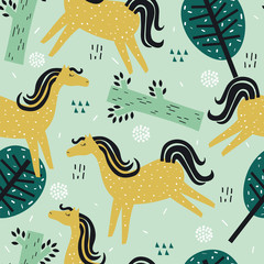 Horses, trees, hand drawn backdrop. Colorful seamless pattern with animals. Decorative cute wallpaper, good for printing. Overlapping background vector. Design illustration