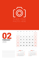 Wall calendar planner template for 2020 year. February 2020. 3 months on the page. Week starts on Sunday. Vector illustration