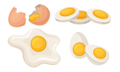 Fresh and Cooked Eggs Set, Broken Egg with Cracked Shell Vector Illustration