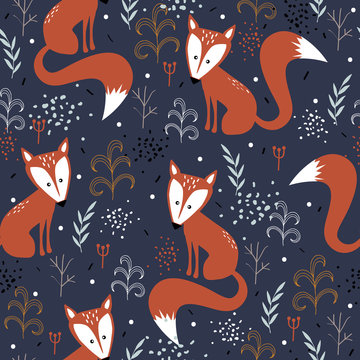 Foxes, leaves, hand drawn backdrop. Colorful seamless pattern with animals. Decorative cute wallpaper, good for printing. Overlapping background vector. Design illustration © Talirina