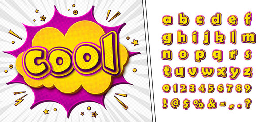 Comic font. Cartoonish alphabet on comic book page