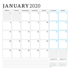 January 2020. Calendar planner stationery design template. Vector illustration. Week starts on Monday