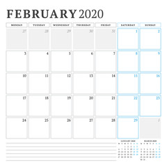 February 2020. Calendar planner stationery design template. Vector illustration. Week starts on Monday