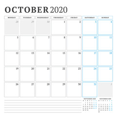 October 2020. Calendar planner stationery design template. Vector illustration. Week starts on Monday