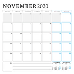 November 2020. Calendar planner stationery design template. Vector illustration. Week starts on Monday