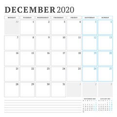 December 2020. Calendar planner stationery design template. Vector illustration. Week starts on Monday