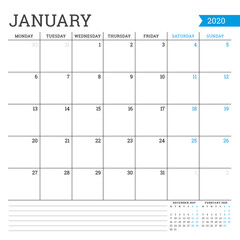 January 2020. Square monthly calendar. Planner template. Minimalist style. Vector illustration. Week starts on Monday