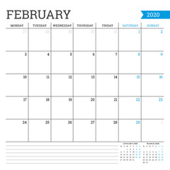 February 2020. Square monthly calendar. Planner template. Minimalist style. Vector illustration. Week starts on Monday