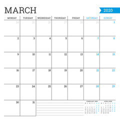 March 2020. Square monthly calendar. Planner template. Minimalist style. Vector illustration. Week starts on Monday