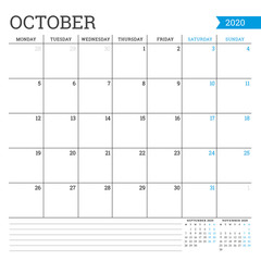 October 2020. Square monthly calendar. Planner template. Minimalist style. Vector illustration. Week starts on Monday