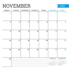 November 2020. Square monthly calendar. Planner template. Minimalist style. Vector illustration. Week starts on Monday