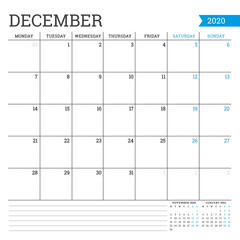 December 2020. Square monthly calendar. Planner template. Minimalist style. Vector illustration. Week starts on Monday