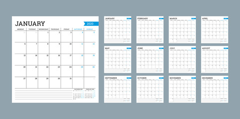 Square monthly calendar for 2020 year. Planner template. Minimalist style. Vector illustration. Week starts on Monday