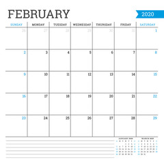 February 2020. Square monthly calendar. Planner template. Minimalist style. Vector illustration. Week starts on Sunday