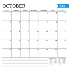 October 2020. Square monthly calendar. Planner template. Minimalist style. Vector illustration. Week starts on Sunday
