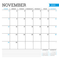 November 2020. Square monthly calendar. Planner template. Minimalist style. Vector illustration. Week starts on Sunday