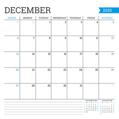 December 2020. Square monthly calendar. Planner template. Minimalist style. Vector illustration. Week starts on Sunday