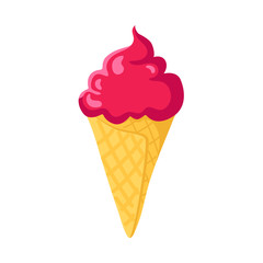 Valentine Day cartoon ice cream in waffle cone, romantic holiday dessert or food in pink color, cute isolated cartoon object on white, illustration for greeting, postcard, print - vector