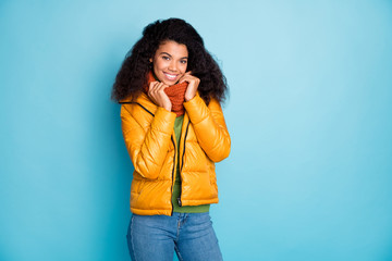 Photo of beautiful dark skin wavy lady good autumn weather outside walk traveler wear trendy yellow fall overcoat jeans green sweater knitted scarf isolated blue color background © deagreez