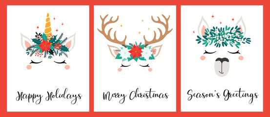 Collection of Christmas cards with different cute unicorn, llama, reindeer faces, in wreaths, with text. Hand drawn vector illustration. Flat style design. Concept for holiday print, invite, gift tag.
