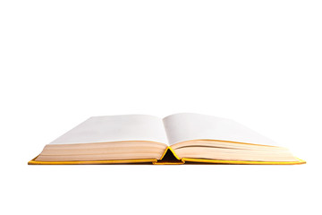 Isolated on white background open book with bright yellow book cover and blank pages. Empty space for text inside the book.