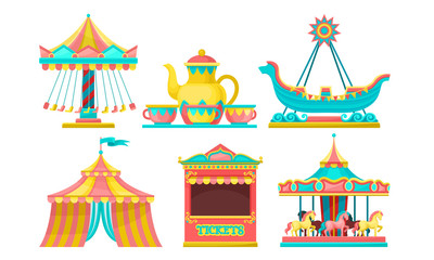 Amusement Park Attractions Set, Carousels, Circus Tent, Ticket Booth Vector Illustration