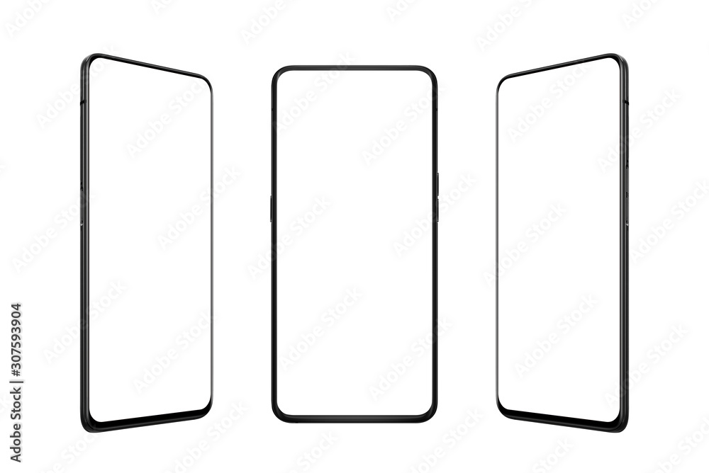 Aufkleber isolated smart phone in three positions. front, left and right side. isolated screen for mockup, app