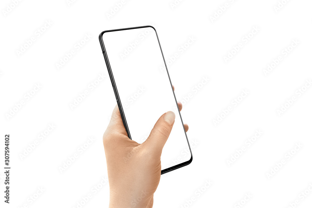 Poster modern mobile phone with thin edges in woman hand. isolated screen for mockup. hand hold smart phone