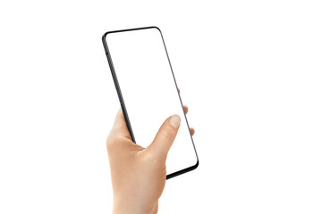 Modern mobile phone with thin edges in woman hand. Isolated screen for mockup. Hand hold smart...