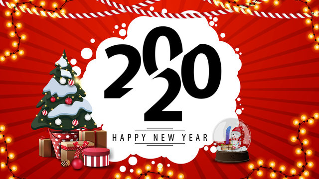Red New Year postcard with beautiful number 2020, garlands, white abstract cloud of circles, Christmas tree in a pot with gifts and snow globe with snowman