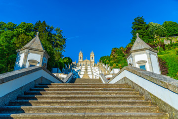 View of the church of Bom Jesus do Monte in Braga famous for sculpture decorated staircase leading...
