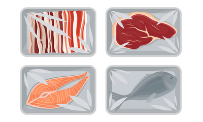 Collection of Food Plastic Tray Containers with Transparent Cellophane Covers, Fresh Salmon Steak, Beef Meat, Raw Bacon and Fish Packaging Vector Illustration