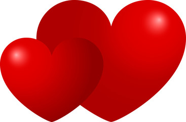 two red hearts near, with shadows, on a white background, valentines day, vector illustration