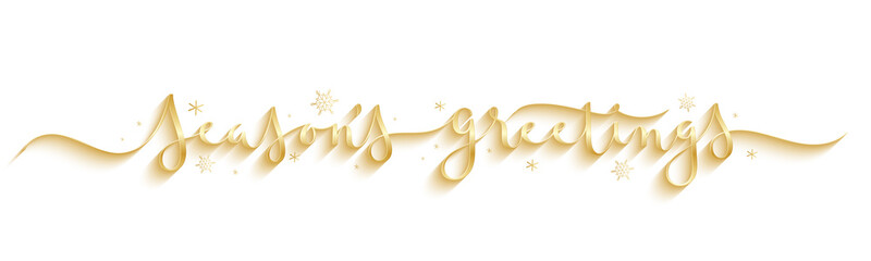 SEASON'S GREETINGS wide metallic gold vector brush calligraphy banner with snowflakes © HowLettery Studio