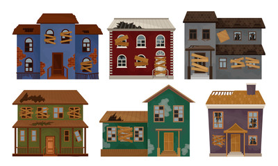 Abandoned Houses Collection, Old Facades of One Storey and Two Storey Buildings Vector Illustration