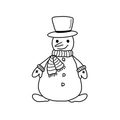 Cute smiling snowman on a white background. Black and white illustration of a snowman in a top hat, knitted scarf and mittens. Isolated object.