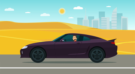 Sport car with man along the desert road. Vector illustration.